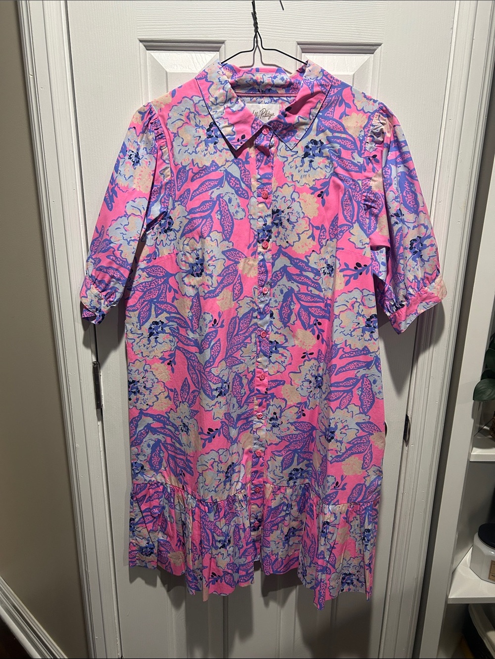 Floral Button-Front Pink Shift Dress